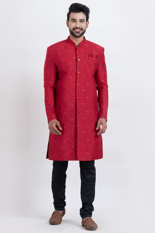 Red Cotton Silk Weaved Men's Sherwani for Wedding Wear