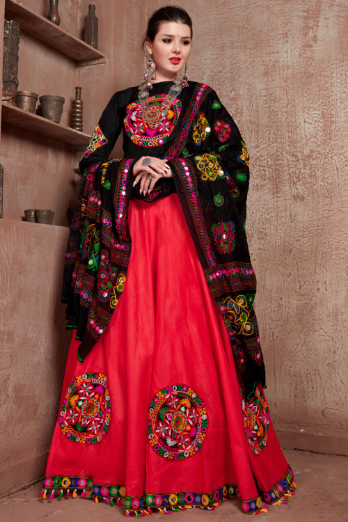 Red Cotton Thread And Mirror Embroidered Lehenga 