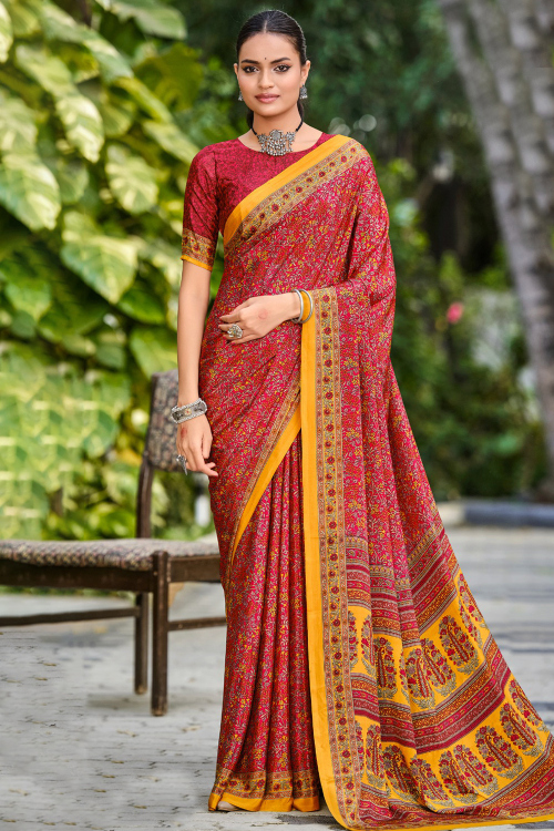 Red Crepe Printed Saree For Casual Wear