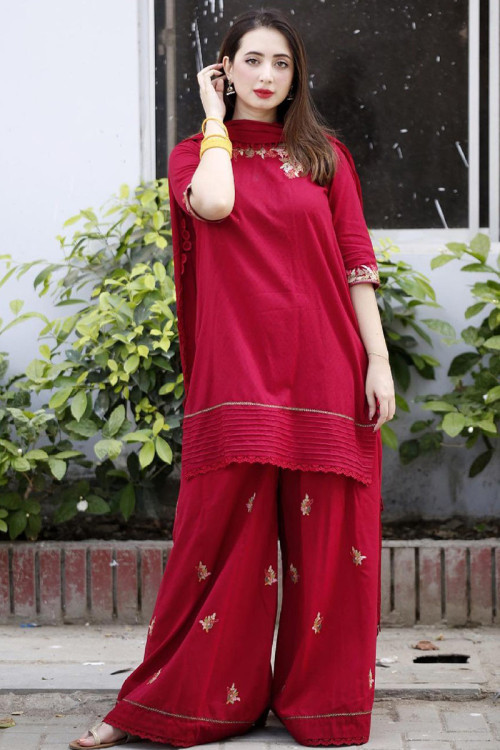 Red Crepe Straight Cut Pakistani Sharara Suit