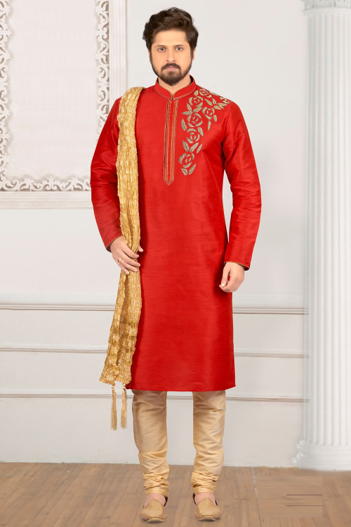 Red Dupion Silk Beads Embroidered Men's Kurta Churidar