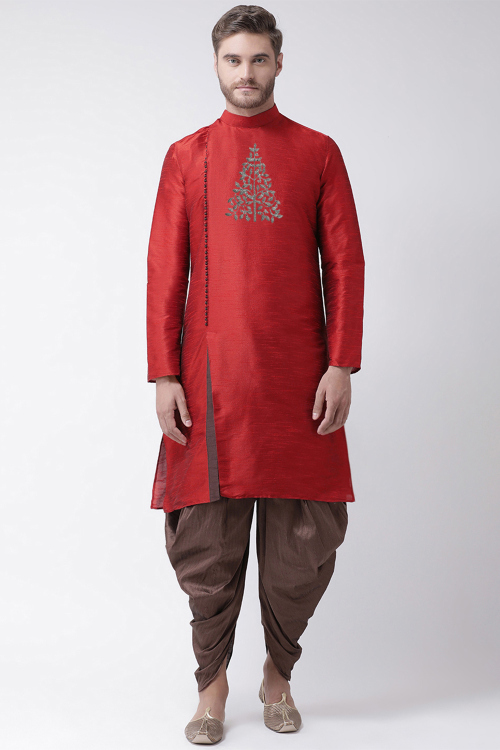 Red Dupion Silk Embroidered Angrakha Kurta