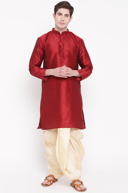 Men Kurta Pajama in Dark Brown Art Silk for Sangeet