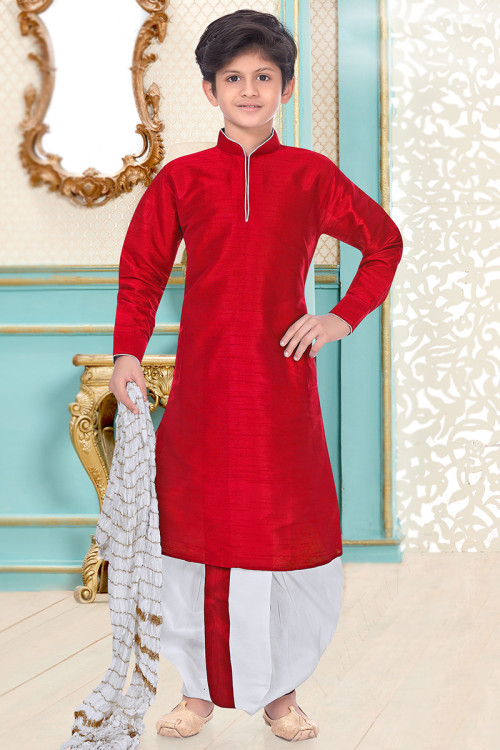 Red Traditional Party Wear Men Kurta Pajama in Dupion Silk