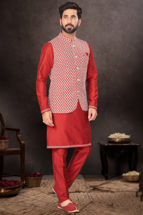 Red Embroidered Silk Men's Kurta Pajama With Waist Coat 