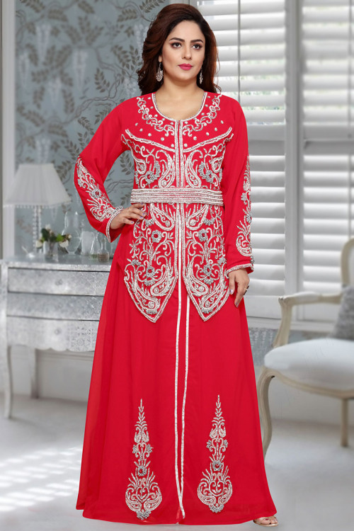Red Georgette A Line Abaya Style Embroidered Kurti