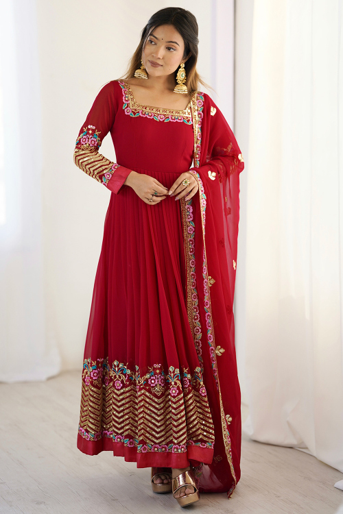 Red Georgette Anarkali Suit With Sequins Work For Festival