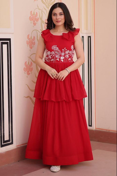 Red Georgette Beads Embroidered Layered Style Gown