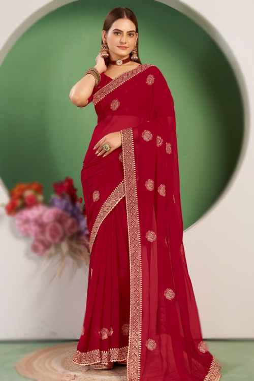 Red Georgette Embroidered Light Weight Saree