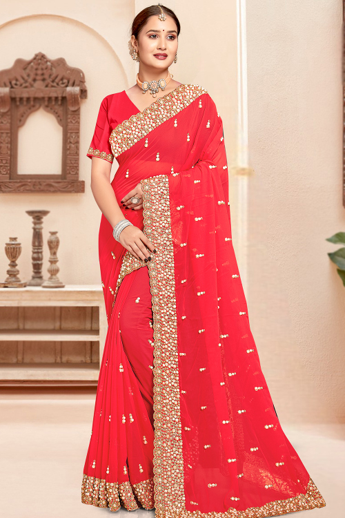 Red Georgette Embroidered Light Weight Saree 