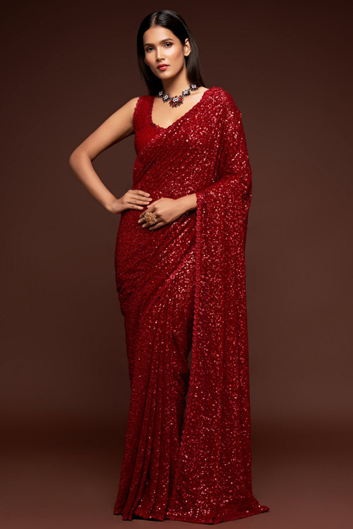 Red Georgette Embroidered Party Wear Saree