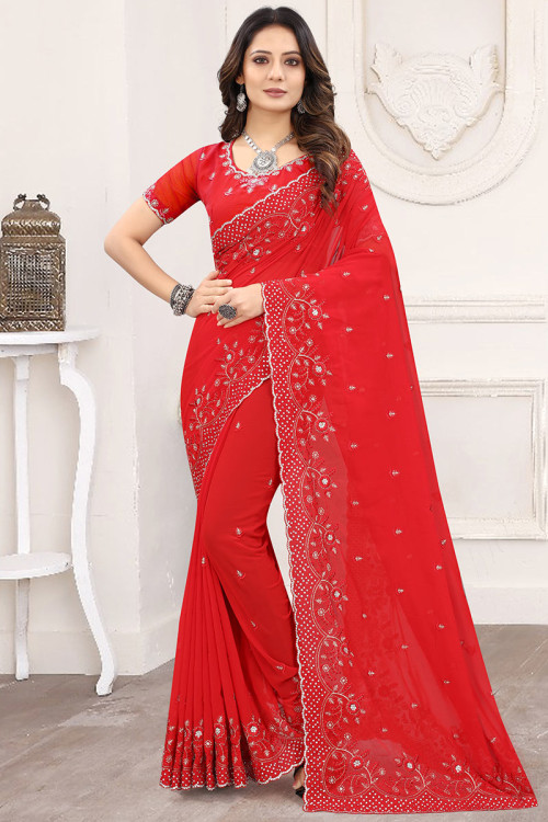 Nalli - The embellishments make this red saree add sparkle to this saree,  making it perfect for a bridal trousseau. Click on the link  bit.ly/RedKanchiSilkwithZardoziWork to view this dazzling saree. #Nalli  #nallisilks #