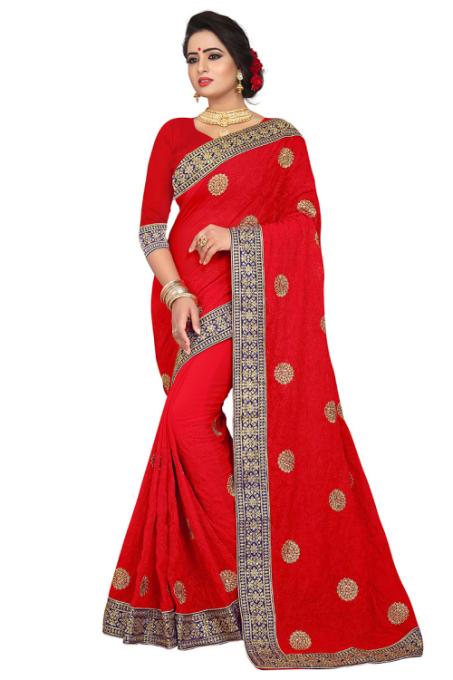 Georgette Saree in Red colour with Thread Embroidery for Party 