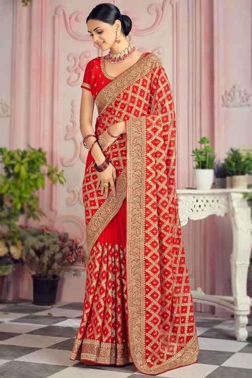 Stone Work Wedding Wear Saree in Red Georgette