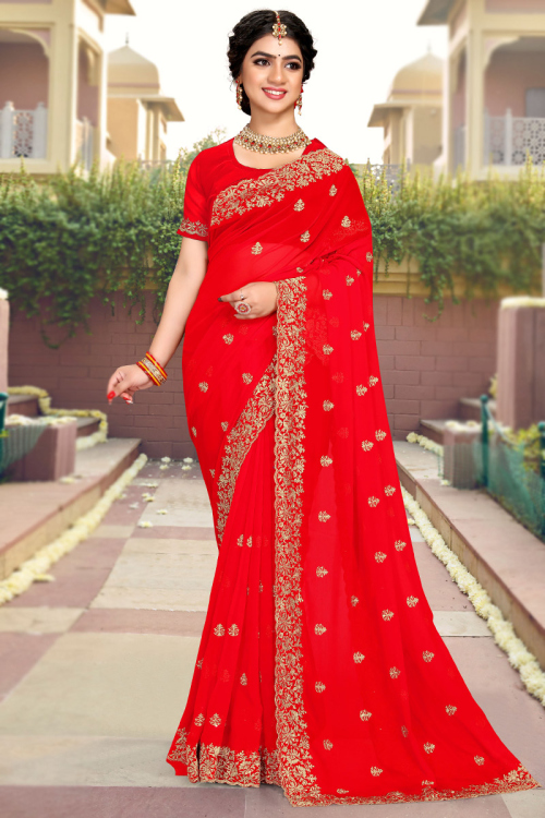 Red Woven Party Wear Saree in Georgette