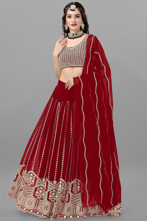 Red Georgette Floor Length Embroidered Lehenga