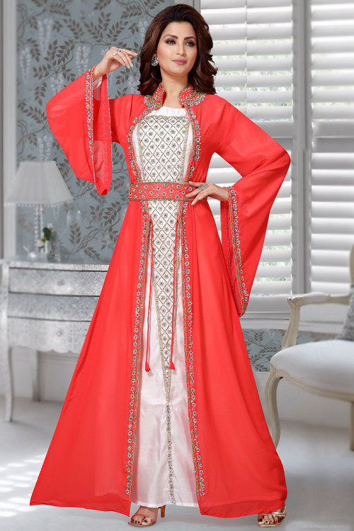 Red Georgette Jacket Style Embroidered Kurti