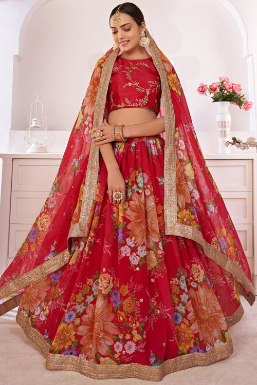 Lace Work Red Lehenga in Georgette for Wedding 