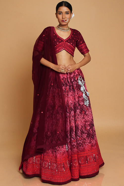 Georgette Red Eid Wear Lehenga with Printed