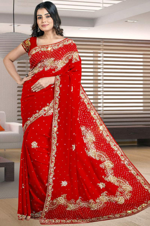 Red Georgette Saree with Floral Pattern - Shafalie's Fashions