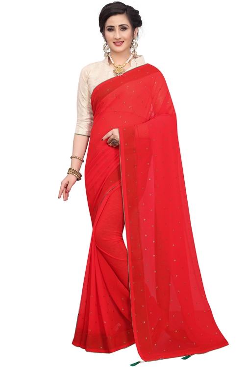 Red Georgette Saree With Mukaish Work