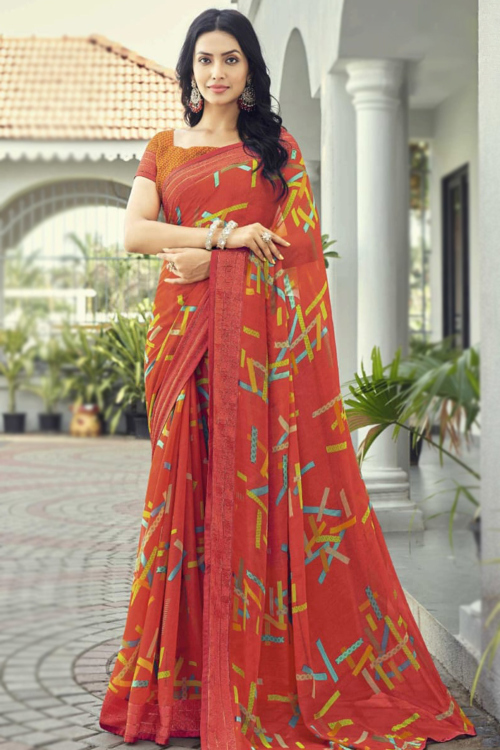 Red Georgette Saree With Printed Work For Casual Wear