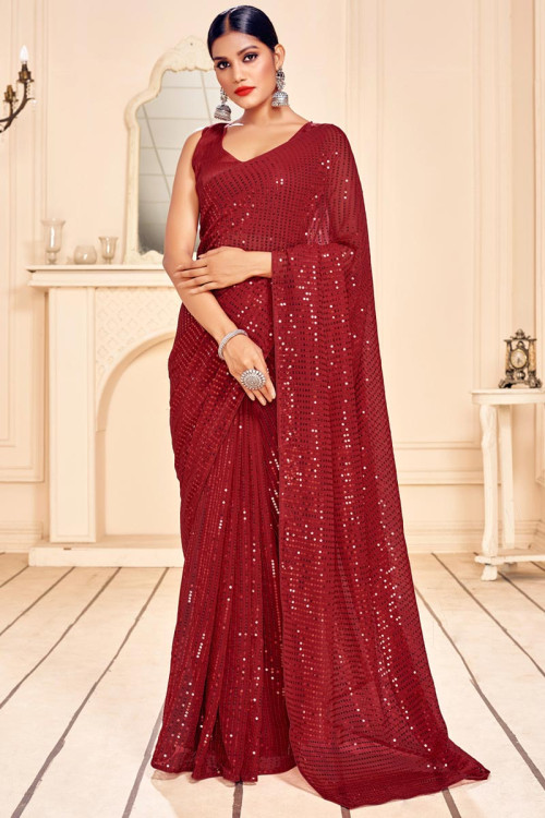 Red Georgette Sequins Party Wear Saree