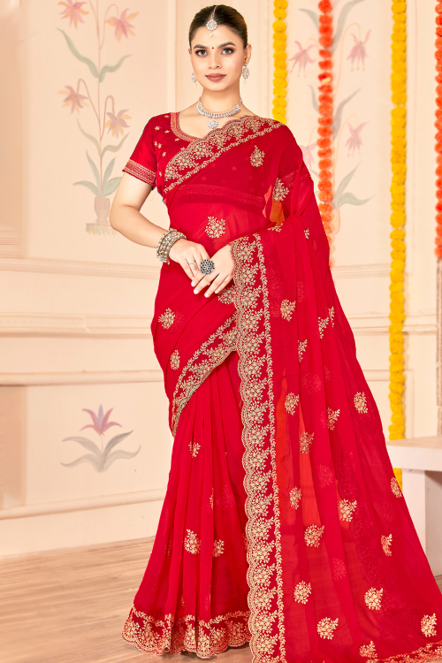 Red Georgette Shimmer Saree With Zari Work For Festival 