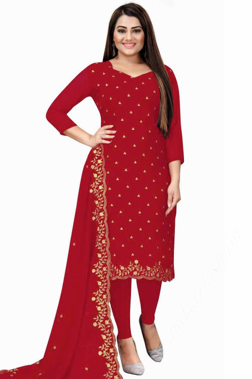 Red Georgette Straight Cut Churidar Suit
