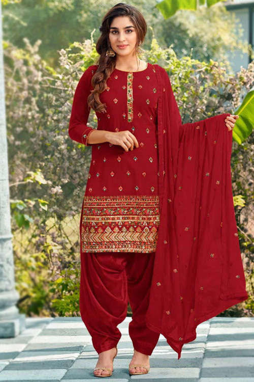 Red Georgette Straight Cut Patiala Suit