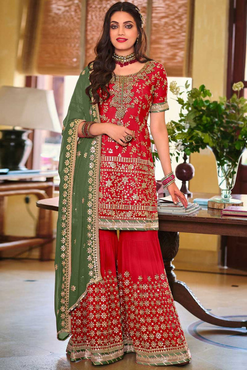 Red Georgette Straight Cut Sharara Suit with Zardosi embroidery