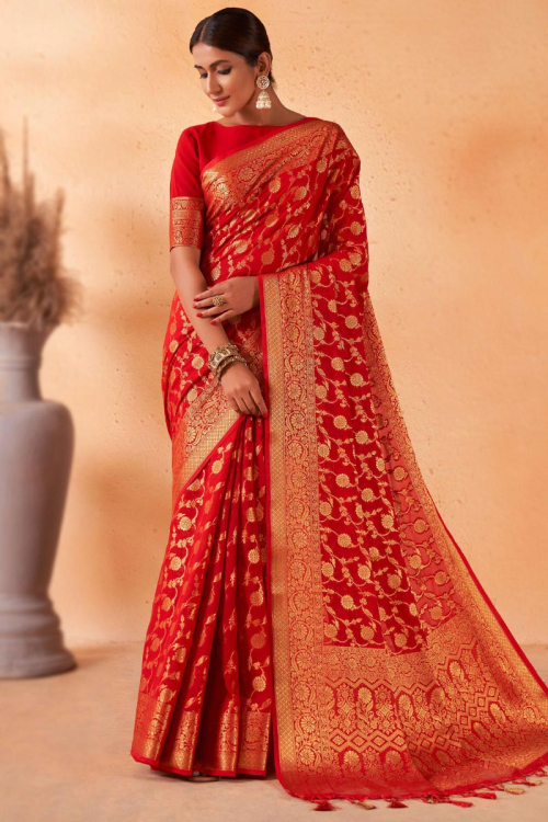 Red Georgette Woven Zari Saree