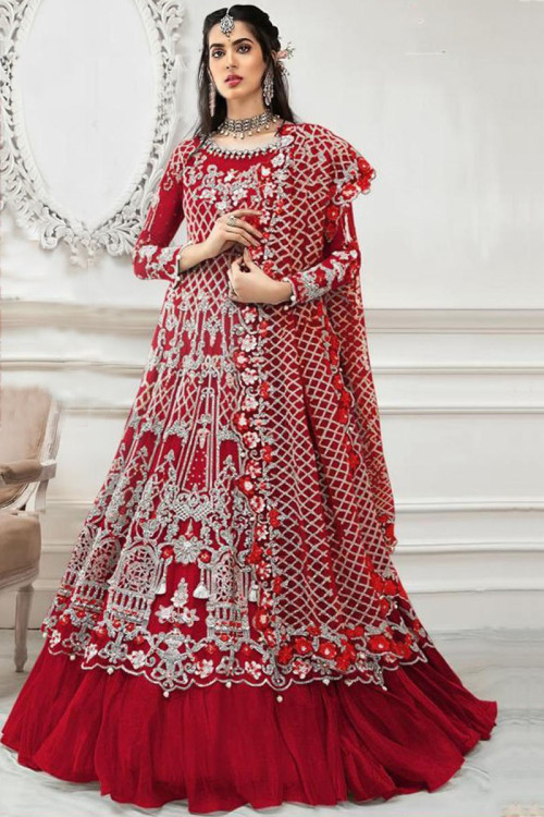 Red Heavy Embroidered Net Anarkali Suit