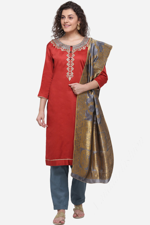 Red Woven Zari Embroidered Silk Trouser Suit