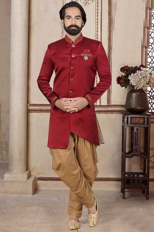 Red Jacquard Asymmetrical Men's Sherwani
