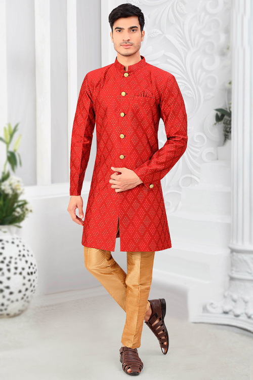 Red Jacquard Woven Men Sherwani