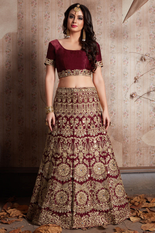 Dark Maroon Silk Lehenga with Choli