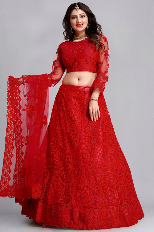 Red Traditional Net Lehenga for Party 