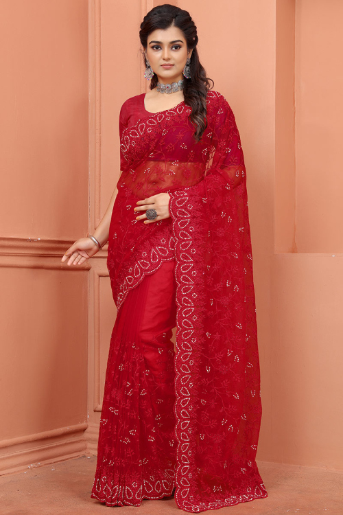 Red Woven Net Saree for Wedding 