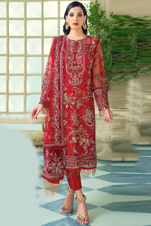 Red Net Embroidered Trouser Suit LSTV07271