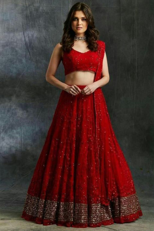 Red Net Embroidered Wedding Wear Lehenga