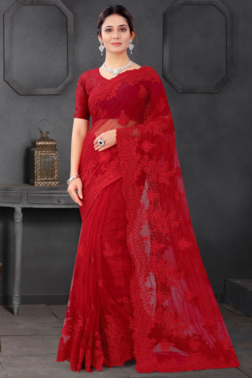 Red Net Embroidered Wedding Wear Saree