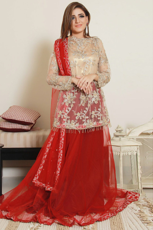 Red Net Long Choli Pakistani Wedding Lehenga