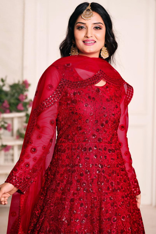 Red Modest Wear Anarkali Suit With Resham Work LSTV09464