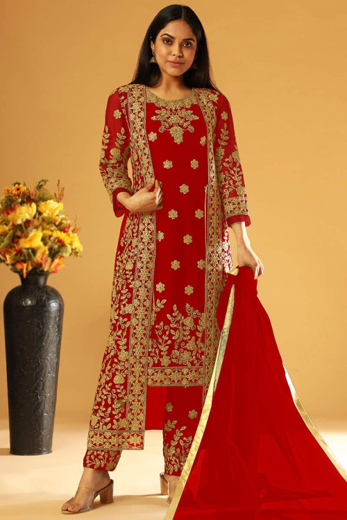 Red Net Straight Cut Embroidered Trouser Suit