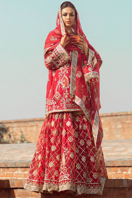 Red Organza Embroidered Sharara Suit