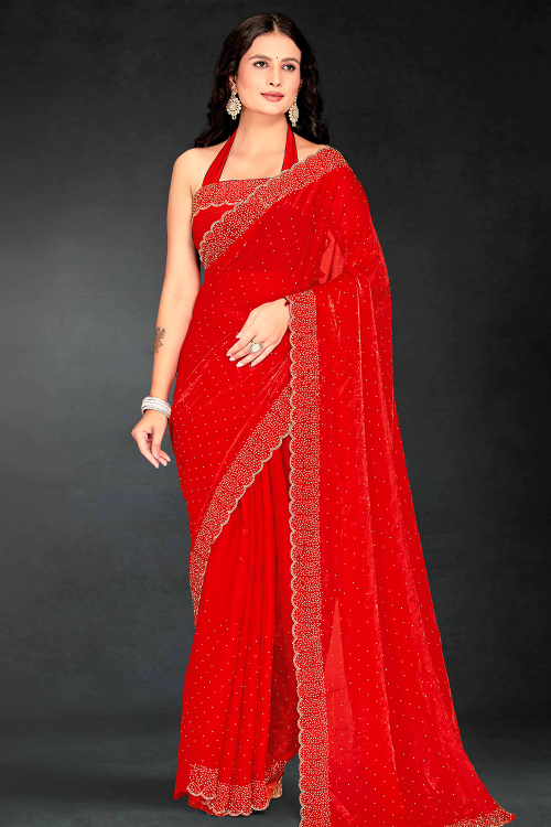 Red Organza Silk Saree With Stone Work For Festival