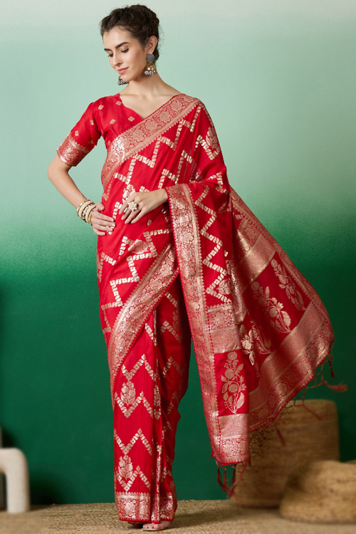Red Organza Weaved Zari Lightweight Saree For Sangeet 