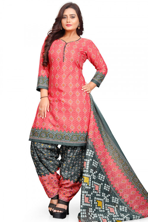 Red Printed Cotton Casual Wear Bnadhej Style Patiala Suit 