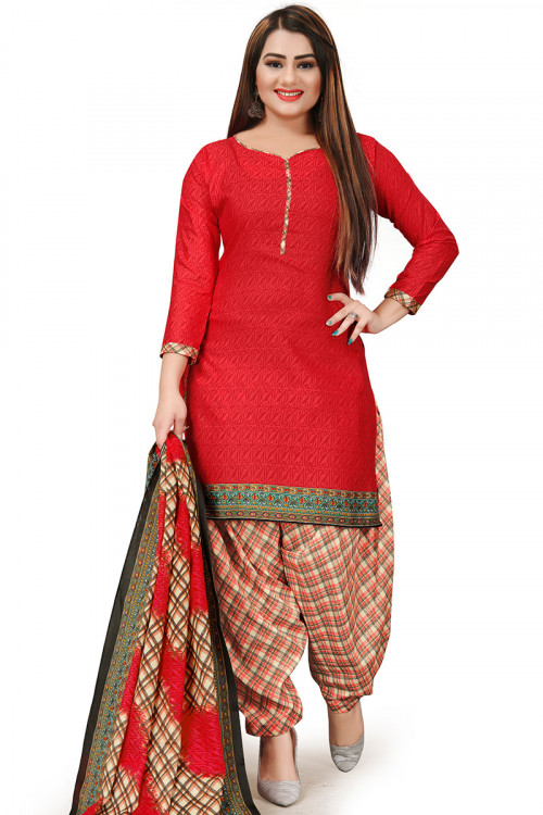 Red Printed Cotton Casual Wear Patiala Suit